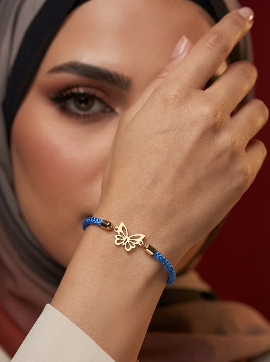 دستبند لیزری مخملی آبی طرح پروانه