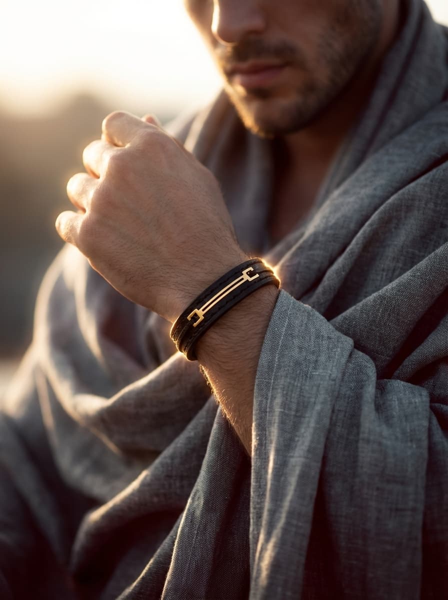 دستبند چرم دخترانه و پسرانه با پلاک طلا برند  ماهلین 