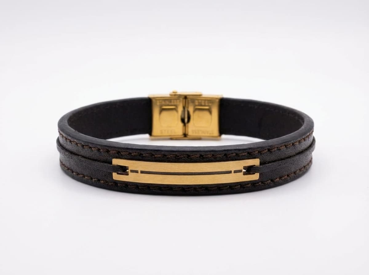 دستبند چرم مردانه با پلاک طلا