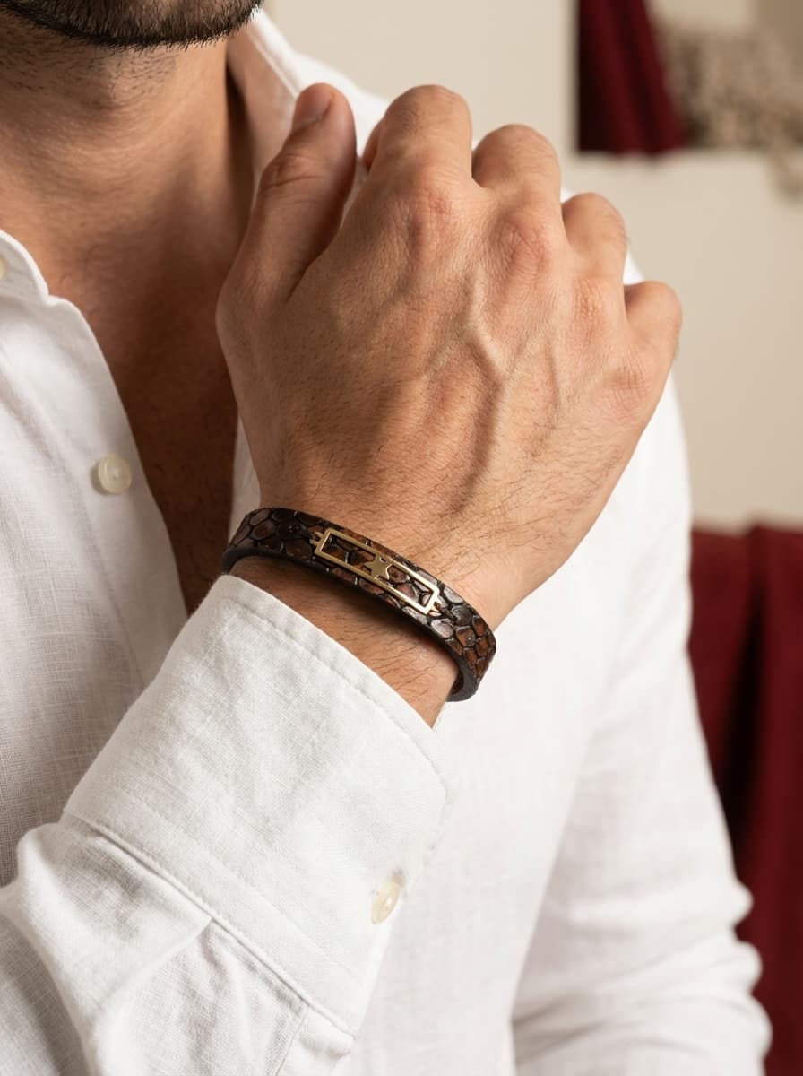 دستبند چرم دخترانه و پسرانه با پلاک طلا برند  ماهلین 