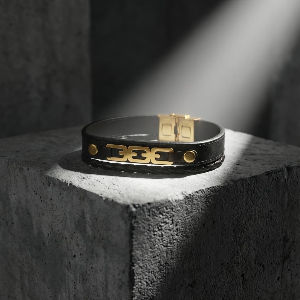 دستبند چرم مردانه با پلاک طلا