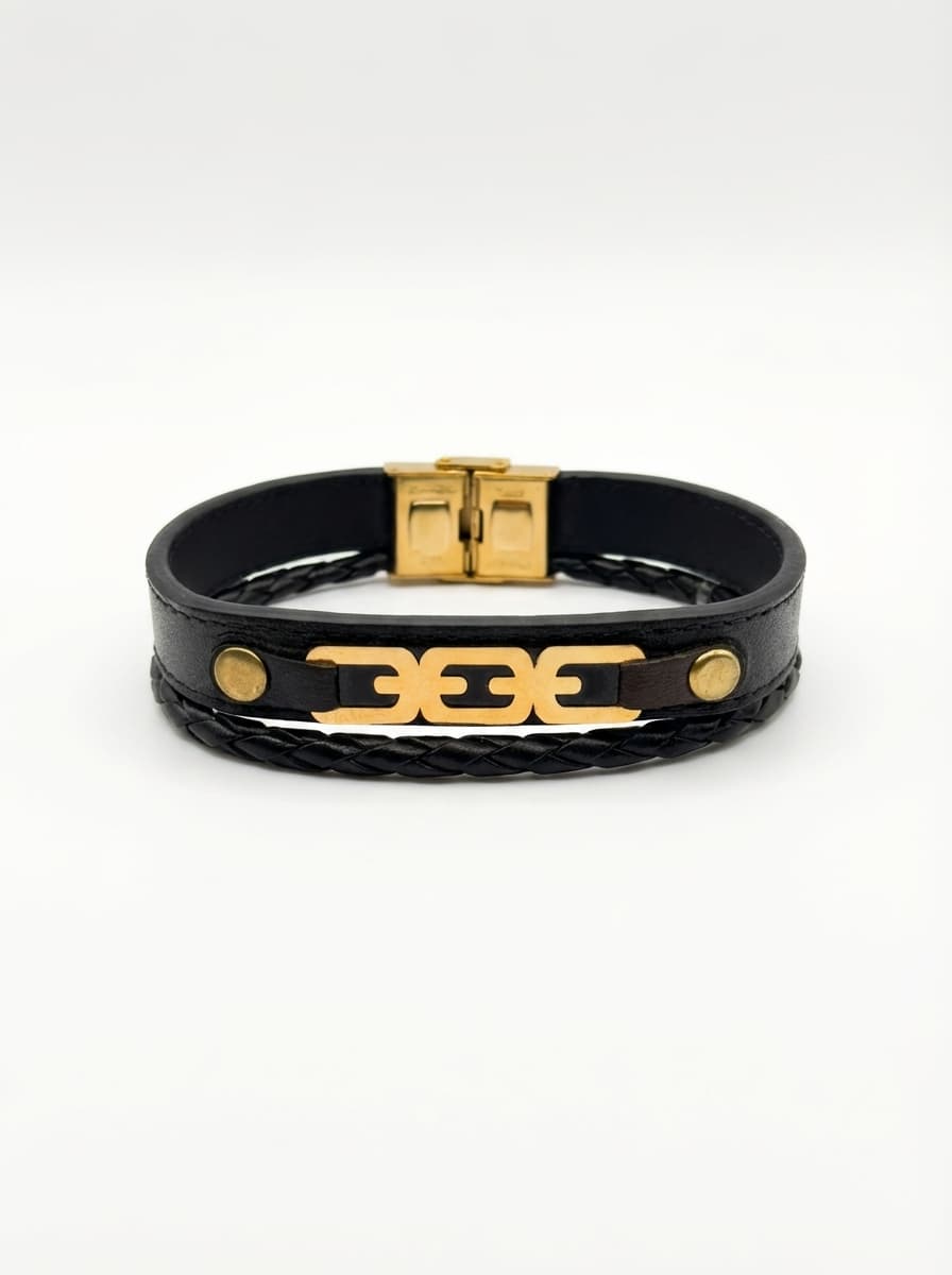 دستبند چرم مردانه با پلاک طلا