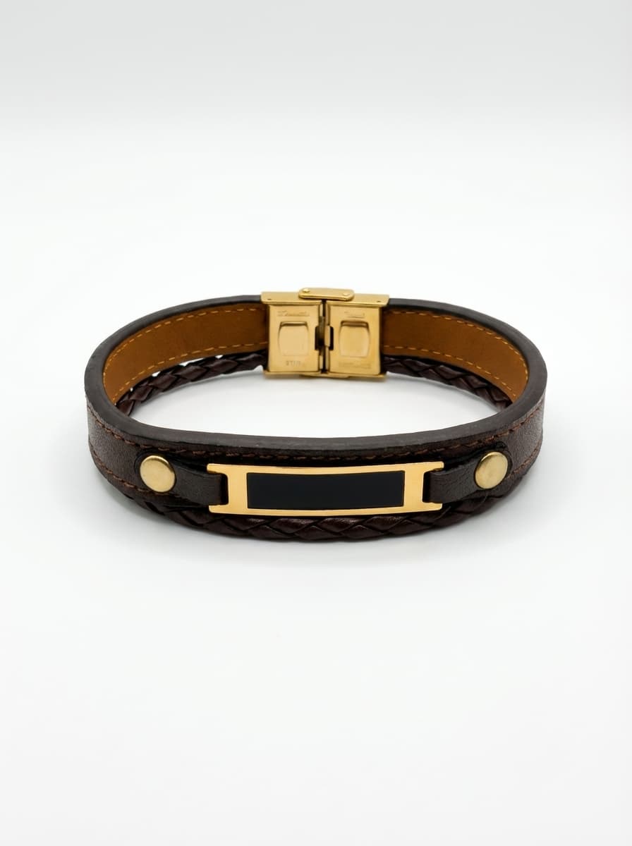 دستبند چرم مردانه با پلاک طلا