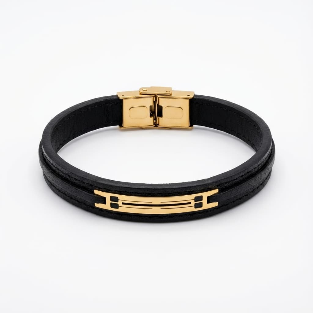 دستبند چرم مردانه با پلاک طلا
